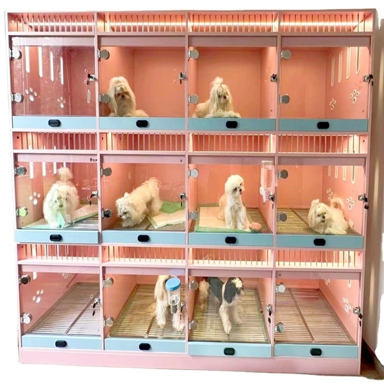 2024 Customize Wood Puppy Kennel New Style Stackable  Pet Hotel Cage in Yellow Pink White color Dog Kennel Create Dogs Hotel