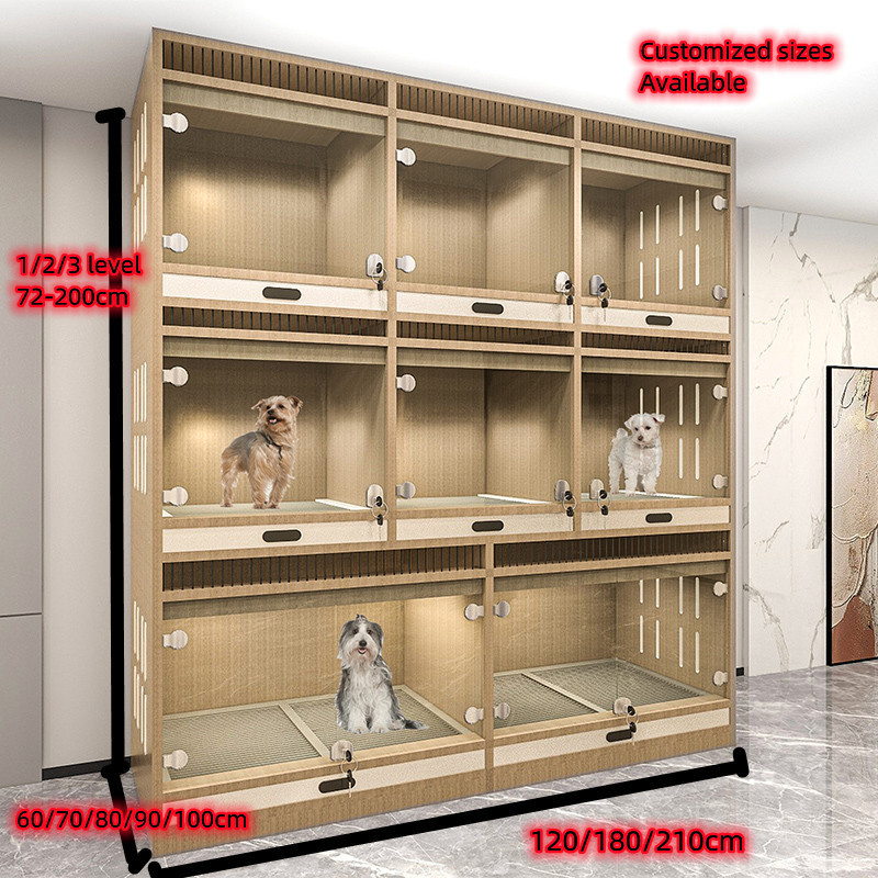 Dog boarding cage Kennel Stackable 3 level Multiple box Dog & cat resort Wood Indoor Luxury Glass door Dog boarding Kennel cage