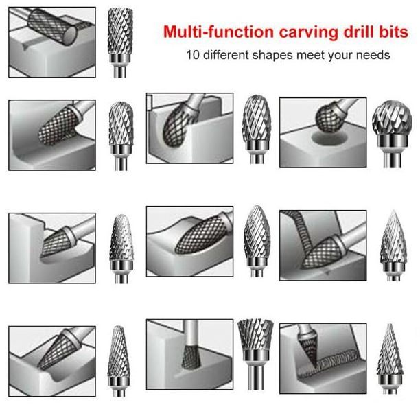 10 Pieces Steel Rotary Burr Set, 6mm(1/4'') Shank Wood Rasp Drill Bit for Engraving Grinding Polishing Milling