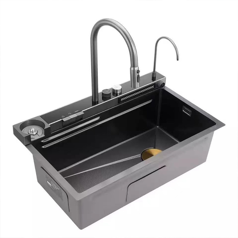 SSRS Kitchen Sink Black Nano Single Modern Stainless Steel Waterfall Kitchen Sinks Smart 304 Stainless Steel Kitchen Sink