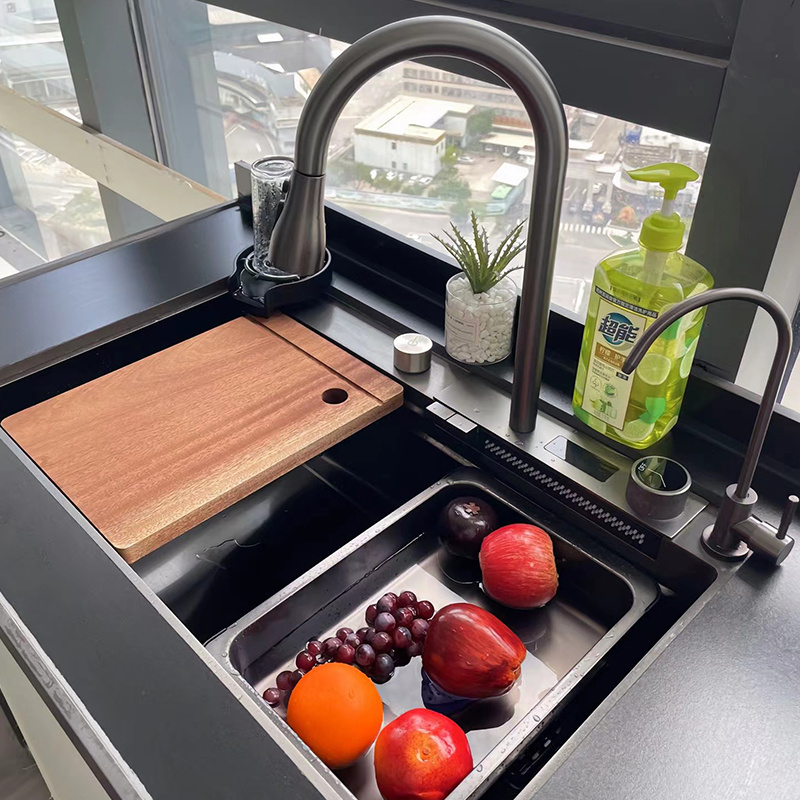 SSRS Kitchen Sink Black Nano Single Modern Stainless Steel Waterfall Kitchen Sinks Smart 304 Stainless Steel Kitchen Sink