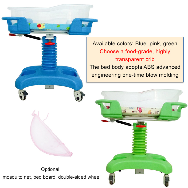 Baby Basin Hospital Infant Bed Transparent Cot and Crib One Crank Powder-coated Steel Kids Crib Metal ABS Plastic Cart