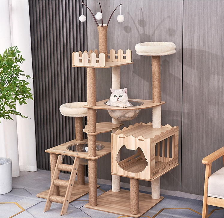 Good Quality Wooden Fence Tent House Cat Condo Tree Tower With Hammock Bed