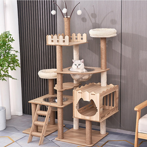 Good Quality Wooden Fence Tent House Cat Condo Tree Tower With Hammock Bed