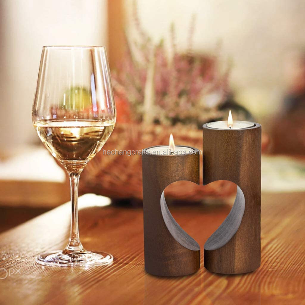 Romantic Tea Light Candle Holders Decorative Wood Tealight Candle Holder Set of 2 Unity Heart Pedestal