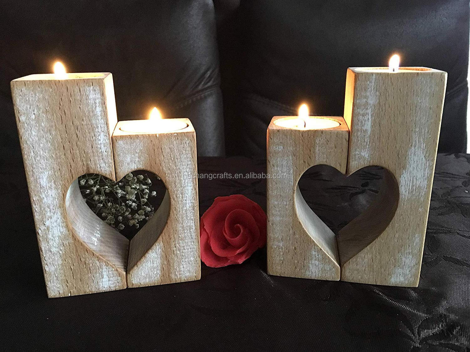 Romantic Tea Light Candle Holders Decorative  Wood Tealight Candle Holder Set of 2 Unity Heart Pedestal for Home Decor