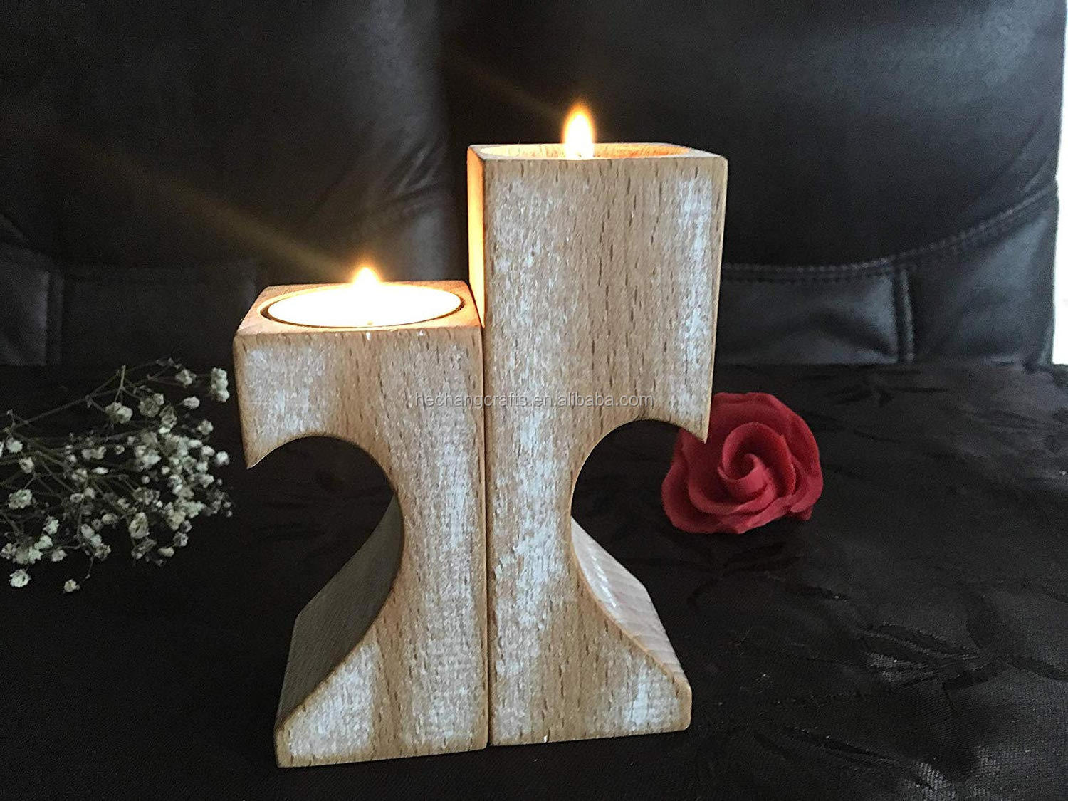 Romantic Tea Light Candle Holders Decorative  Wood Tealight Candle Holder Set of 2 Unity Heart Pedestal for Home Decor