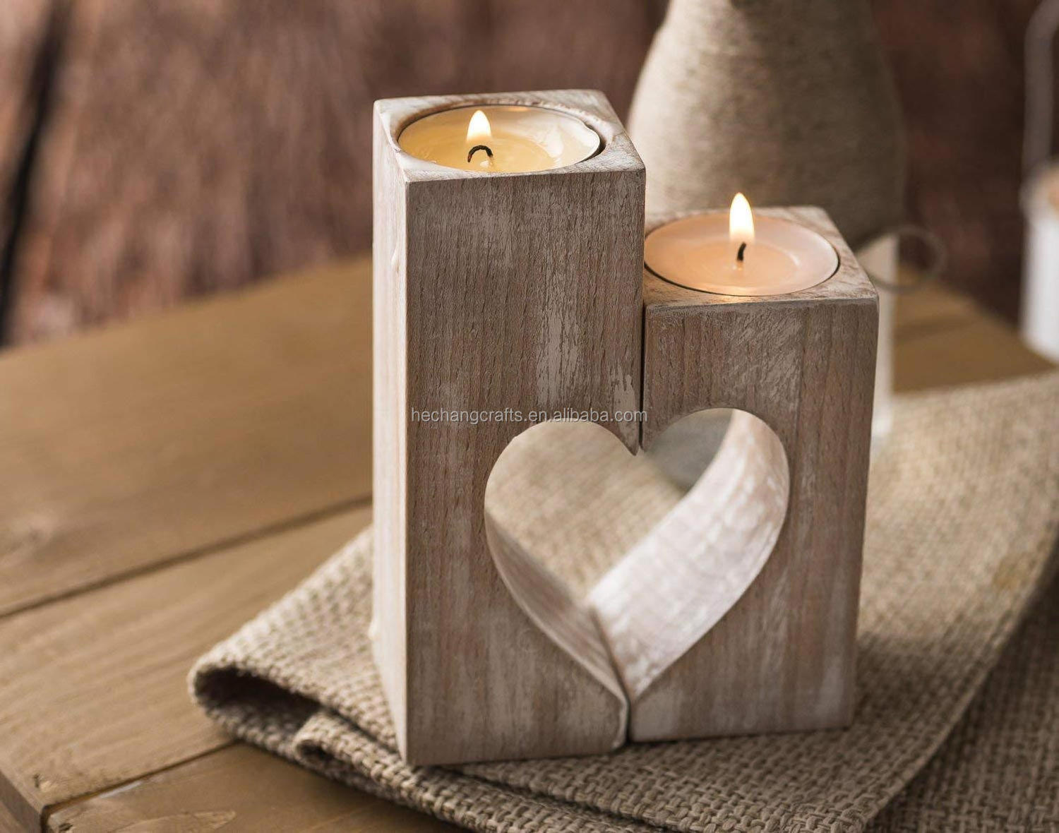 Romantic Tea Light Candle Holders Decorative  Wood Tealight Candle Holder Set of 2 Unity Heart Pedestal for Home Decor