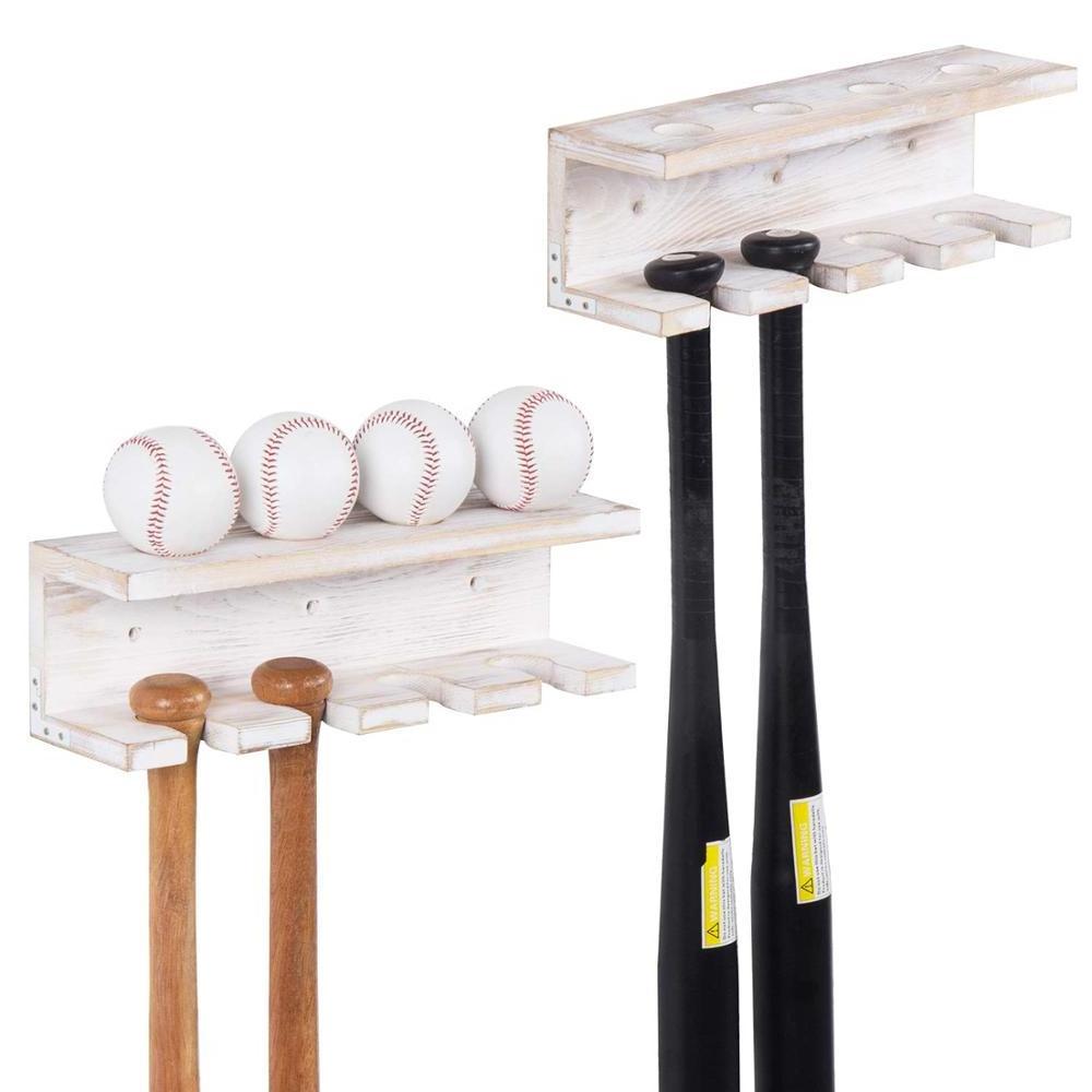 Wall Mounted Whitewashed Wood Baseball Bat Rack Storage Shelf