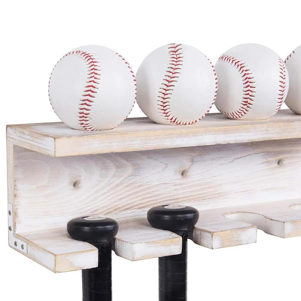 Wall Mounted Whitewashed Wood Baseball Bat Rack Storage Shelf