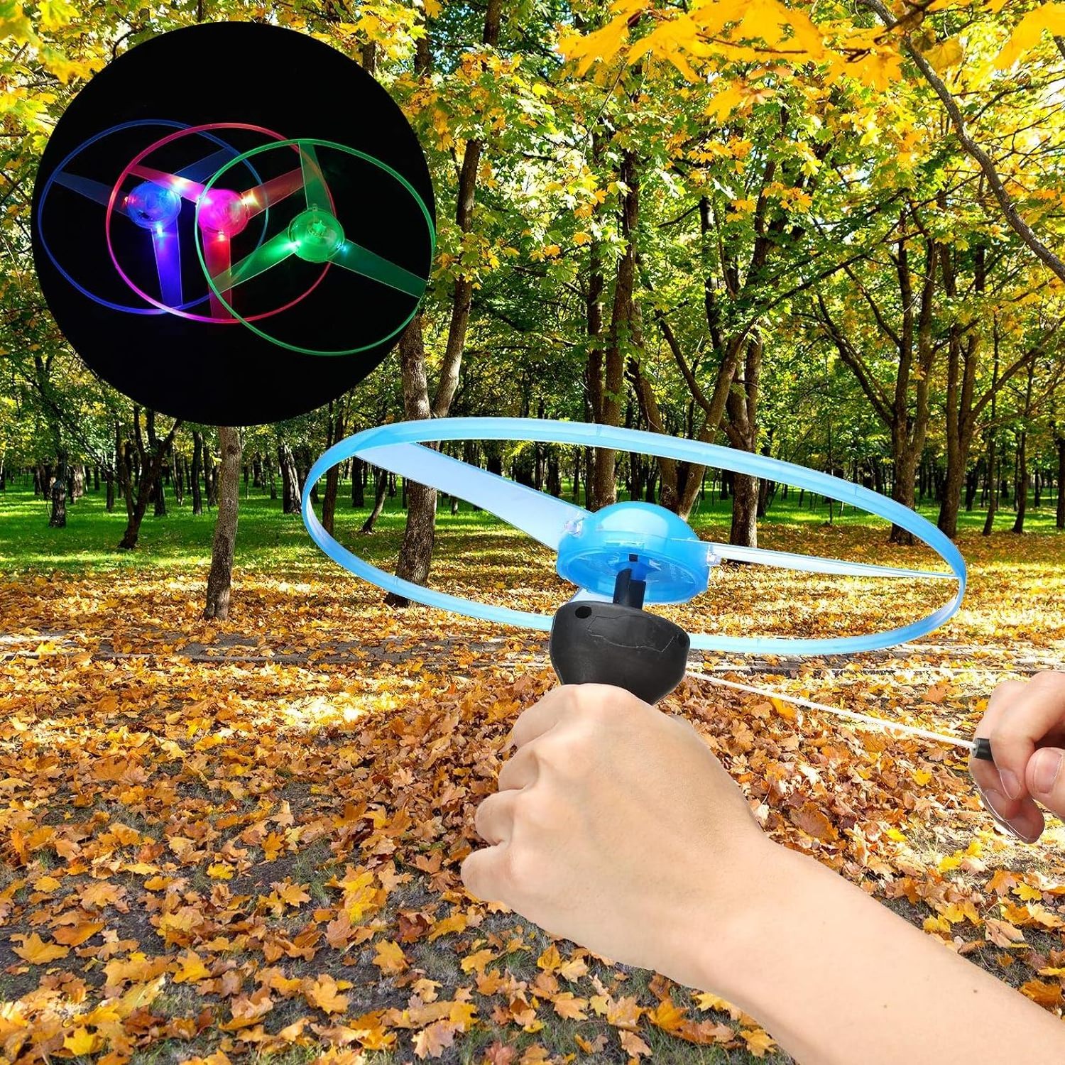 Flying Toys Disco Flying Spinner with Launchers and Lights Colorful Flying Disc LED Pull String Toy for Indoor Outdoor Games