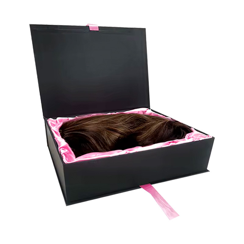 Custom foldable recyclable cardboard boxes with lid foldable rigid box with ribbon handle for wig packaging