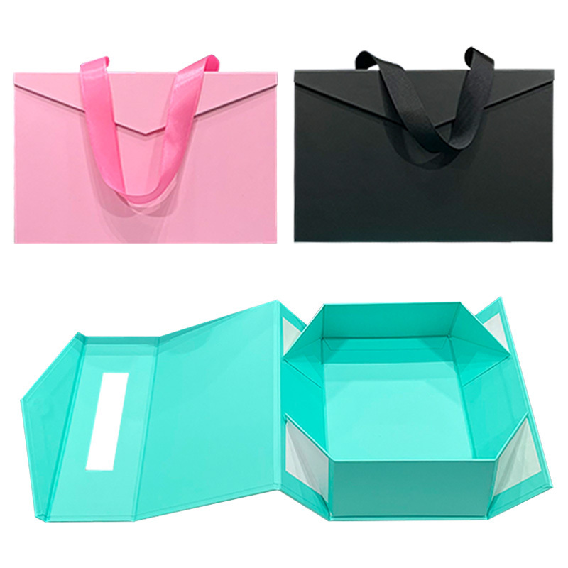 Custom portable ribbon handle pink packaging cardboard folding paper holiday magnetic closure luxury gift box