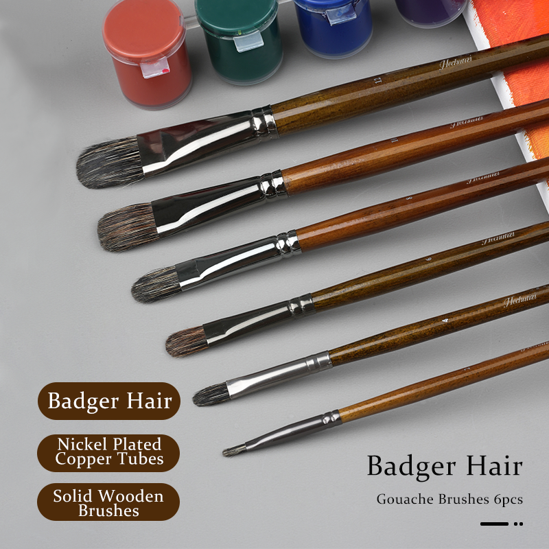 Hechunzi 6 Pieces Oil Art Supplier Artist Paint Brushes For Acrylic Gouache Painting Soft Badger Hair Wooden Handle Set