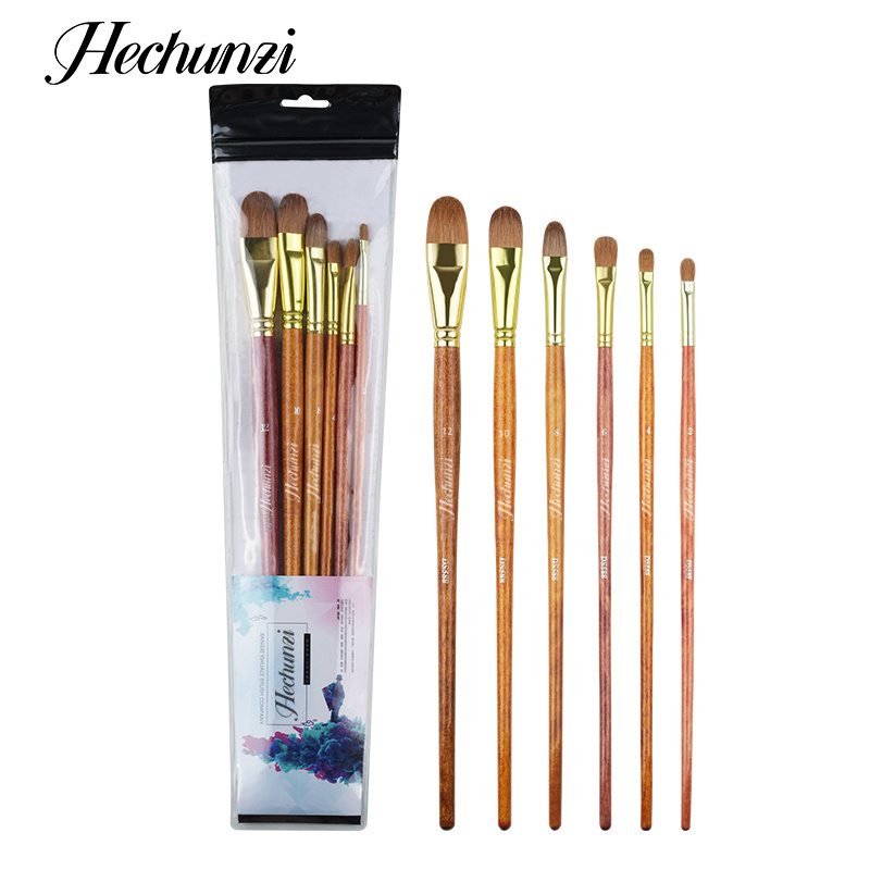 Art Supplier 6 Pieces Animal Hair Artist Paint Brushes For Oil Miniature Painting Weasel Hair Wooden long Handle Kit