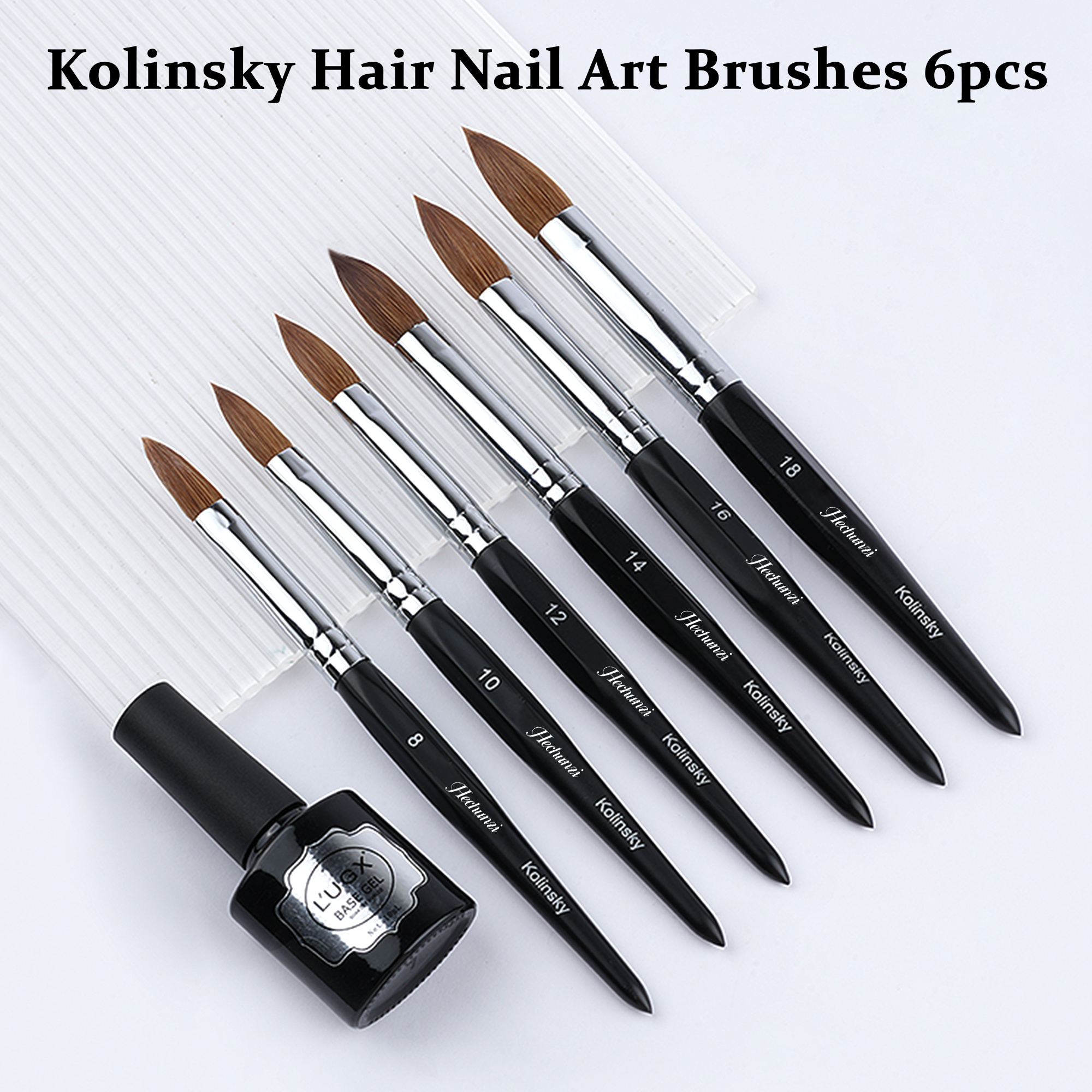 Custom LOGO Black Color Hexagonal Wood Handle Acrylic Nail 100% Kolinsky Brush Art Painting Gel Brush Set Private Labeling