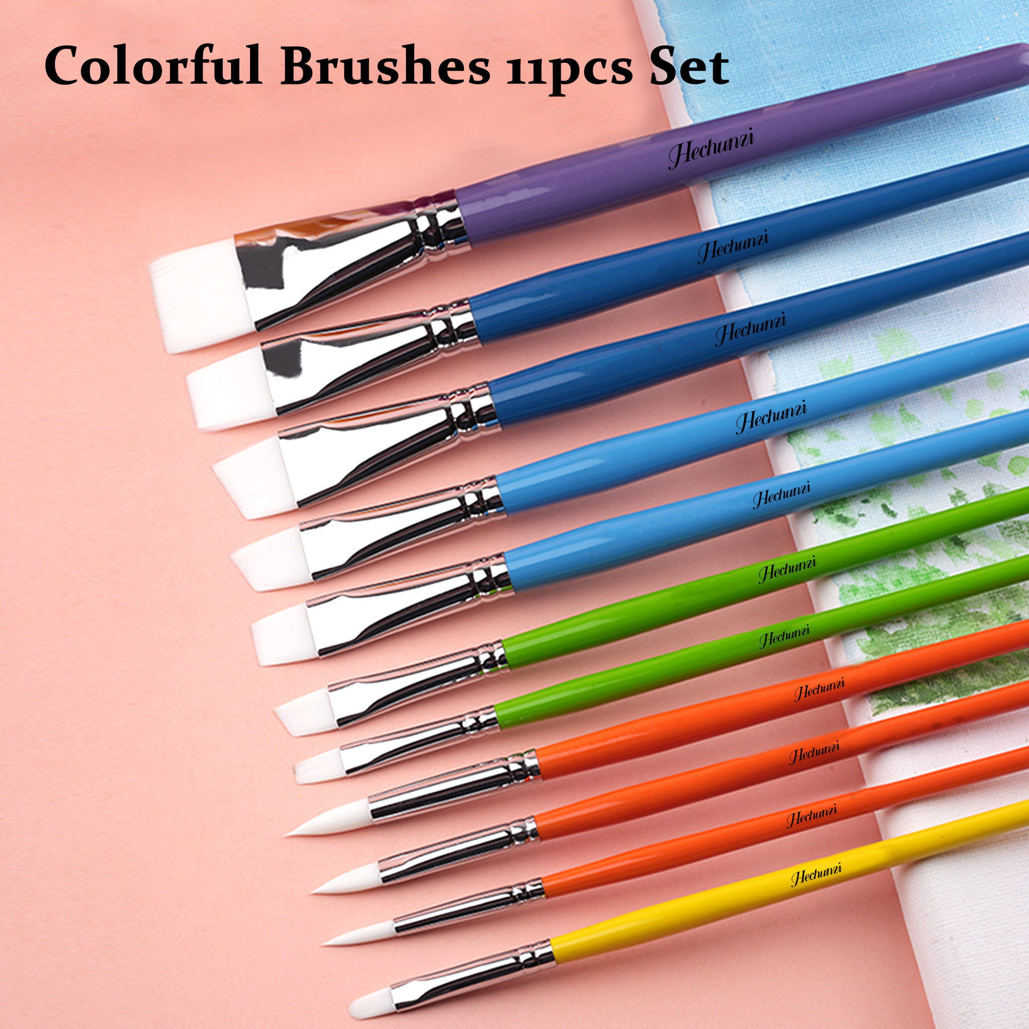 Professional Colorful Wood Handle Nylon Flat Paint Brush Set 11 pcs Artist Brush for Watercolor Paint Brush