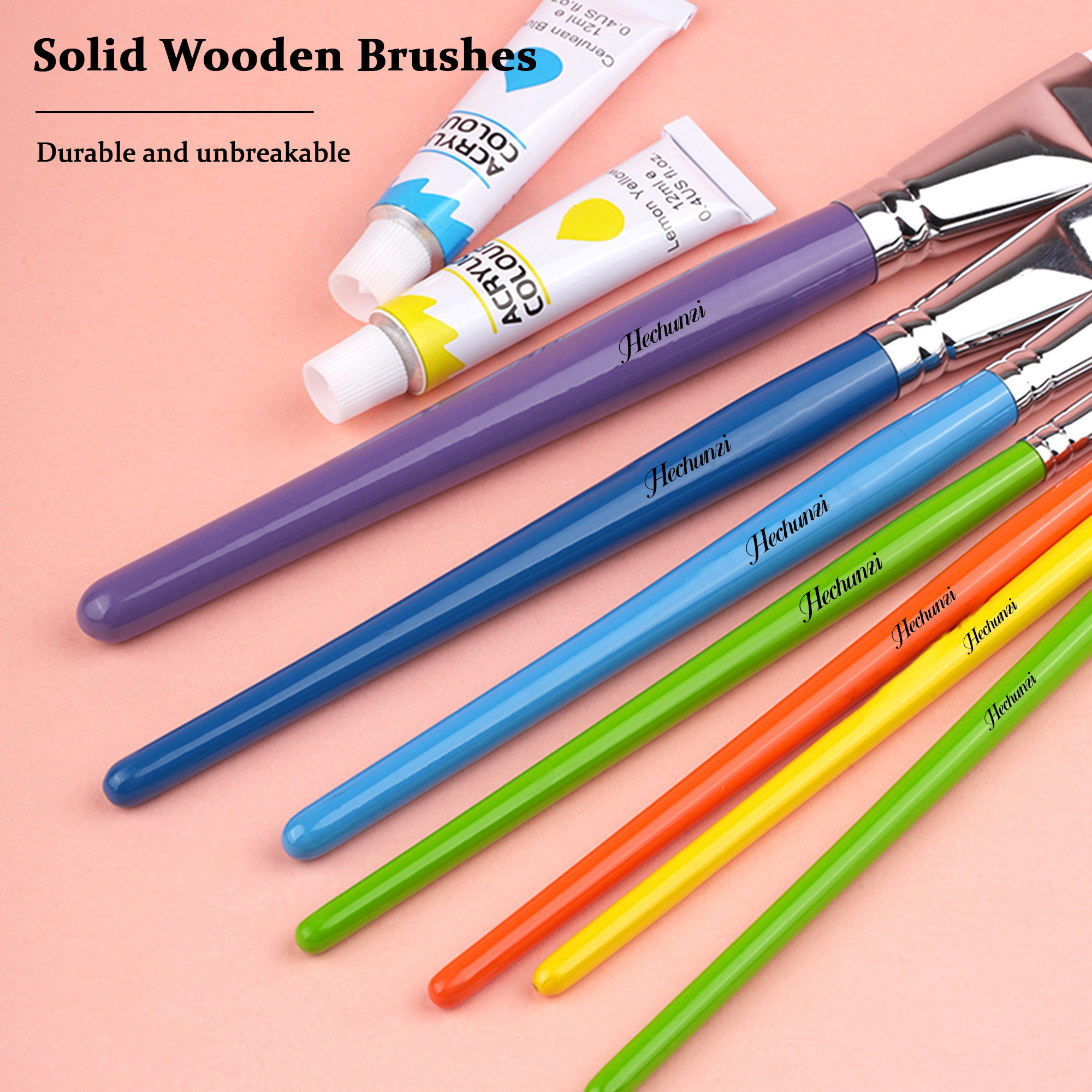 Professional Colorful Wood Handle Nylon Flat Paint Brush Set 11 pcs Artist Brush for Watercolor Paint Brush