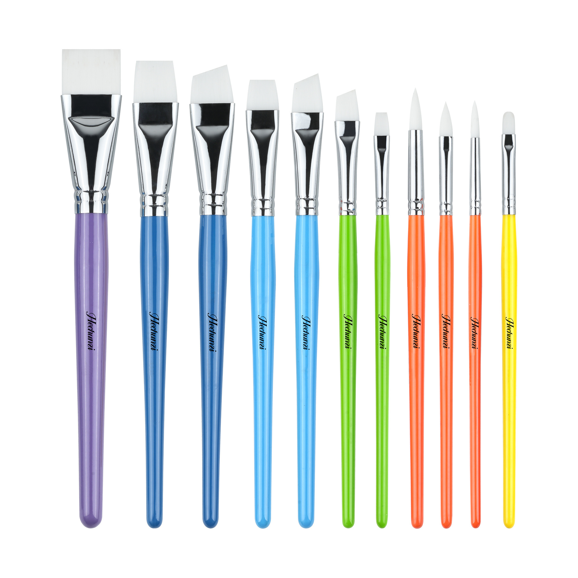 Professional Colorful Wood Handle Nylon Flat Paint Brush Set 11 pcs Artist Brush for Watercolor Paint Brush