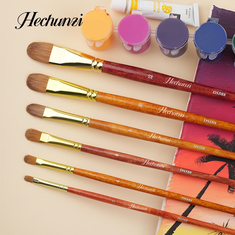 Art Supplier 6 Pieces Animal Hair Artist Paint Brushes For Oil Miniature Painting Weasel Hair Wooden long Handle Kit