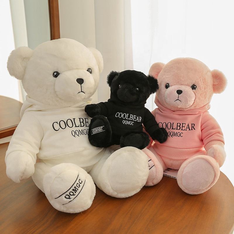 HECION New Black/White/Pink Teddy Bear Plush Toy With Hoodie Custom Soft Stuffed Animal Doll Toys For Kid's Girl's Aifts