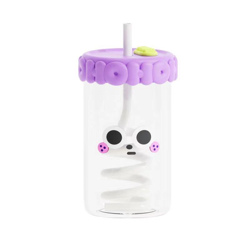 HECION Girls Straw Milk Tea High Borosilicate Glass Cup With Lid Single Layer Water Cup Cute Milk Glass Coffee Cup For Children