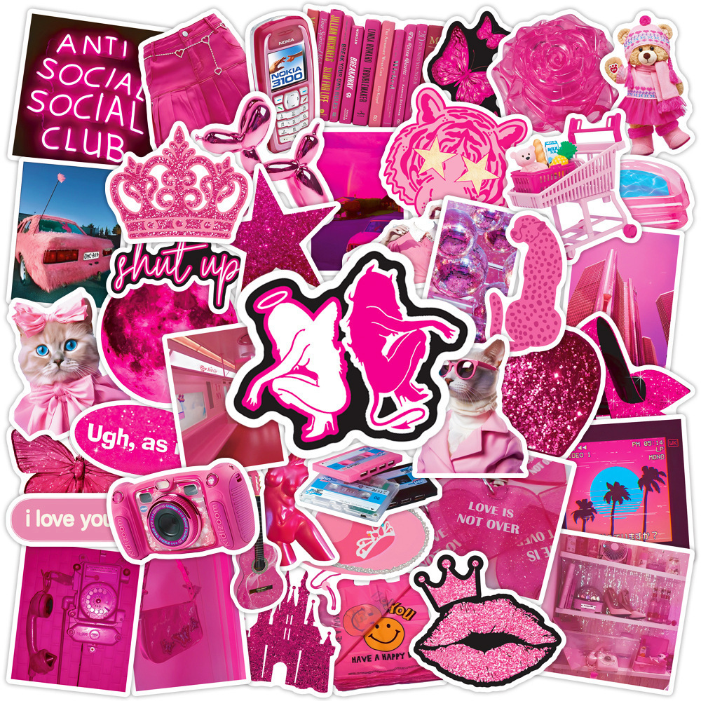 Hecion 50 Pcs INS Kids Boy Girl Sticker Pink Barbie Stickers For Book Notebook Pencil Box Luggage Sticker