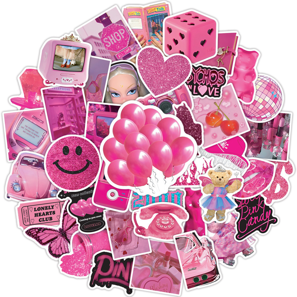 Hecion 50 Pcs INS Kids Boy Girl Sticker Pink Barbie Stickers For Book Notebook Pencil Box Luggage Sticker