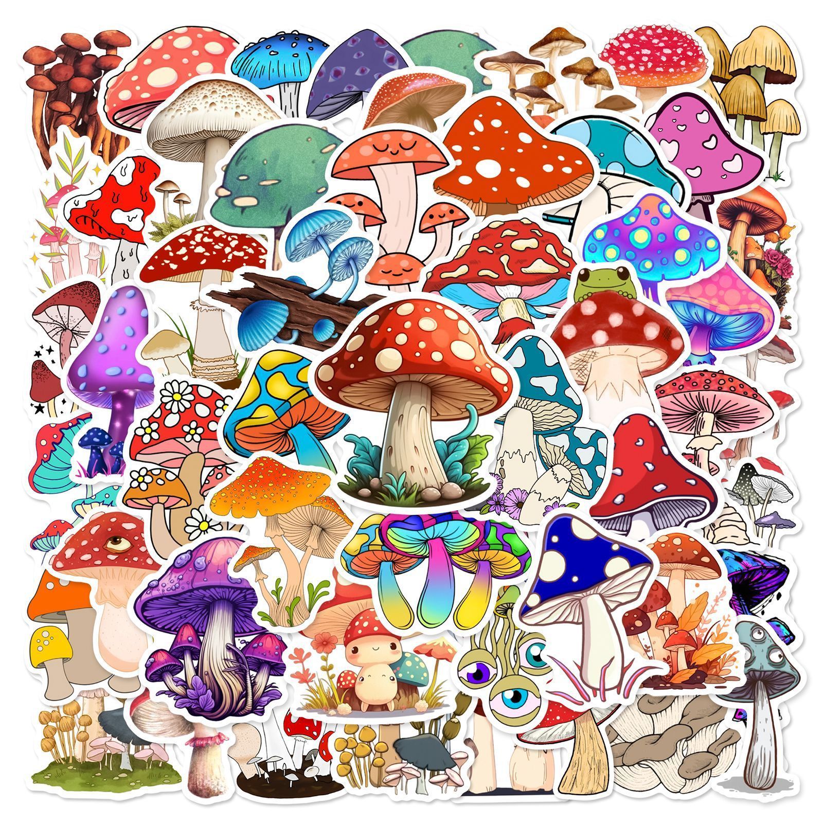 Hecion 50 Pcs Cartoon Mushroom Stickers Laptop Luggage Skateboard Water Cup Waterproof Decoration Cartoon Mushroom Stickers