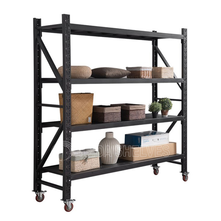 Light Duty 4 Layer Adjustable Metal Shelf Warehouse Shelving Unit Garage Storage Rack with wheels