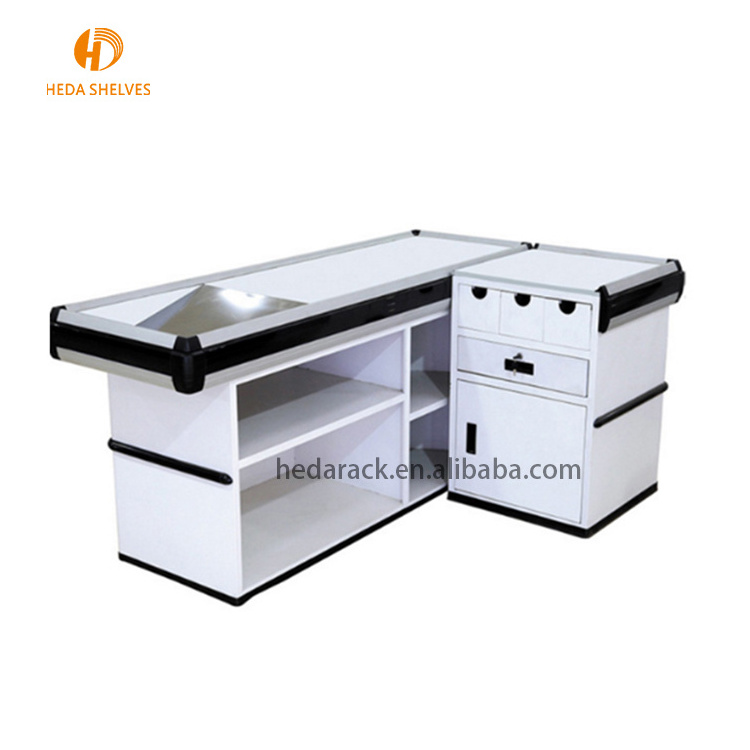 supermarket design retail cash register table checkout counter cashier desk with conveyor belt for sale