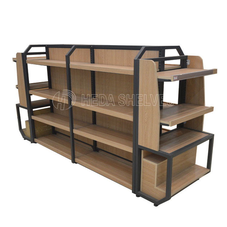 Retail store wood shelving supermarket display metal shelf and grocery island wooden gondola