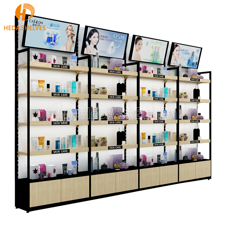 Custom Wooden Wall Cosmetic Shelves Display Cabinet And Makeup Display Wall Showcase