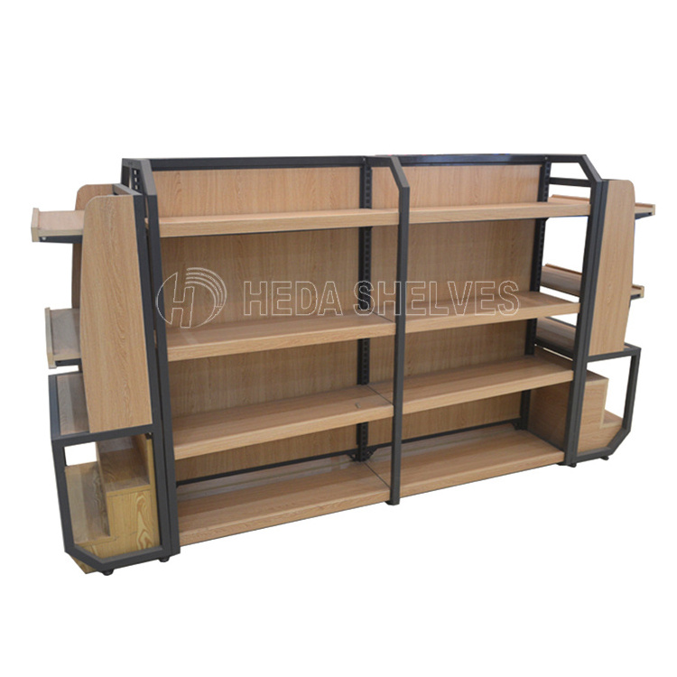 Retail store wood shelving supermarket display metal shelf and grocery island wooden gondola