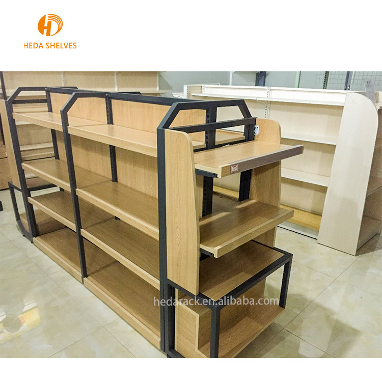 China wholesale high class showcase design advertising display supermarket wooden shelf