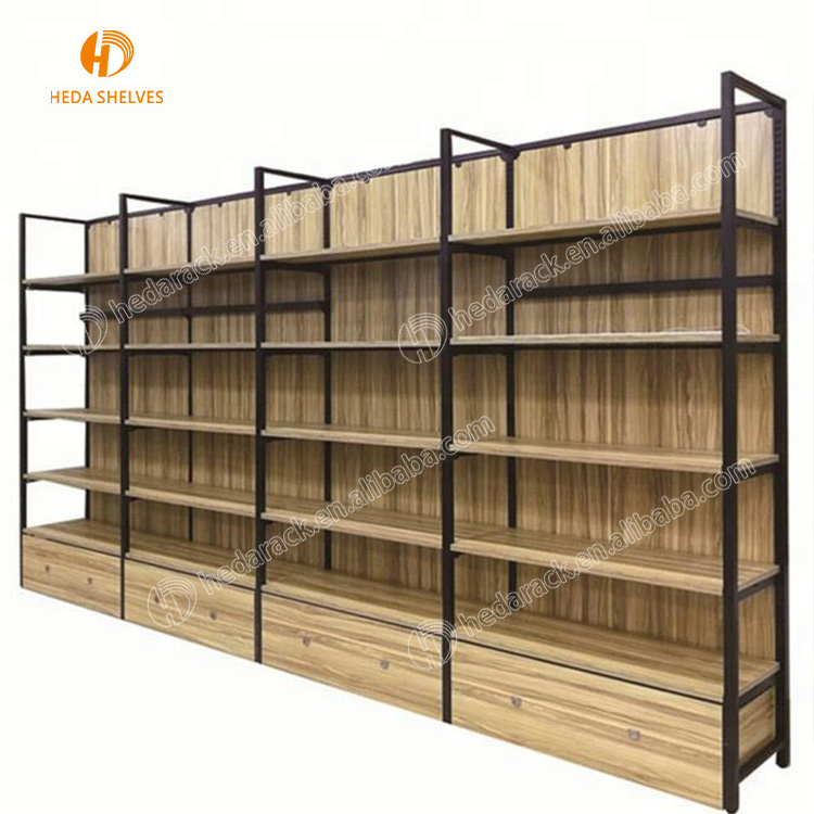 China wholesale high class showcase design advertising display supermarket wooden shelf