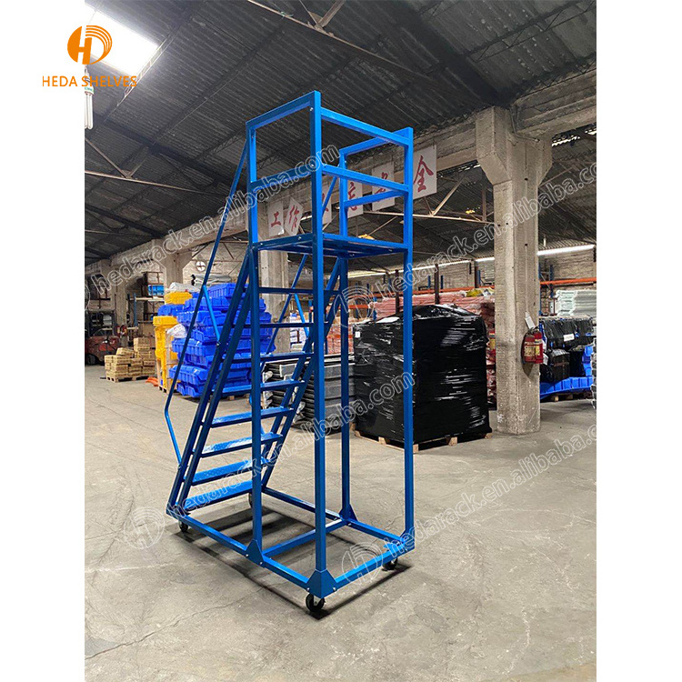 Movable warehouse fiberglass platform step ladder with wheels