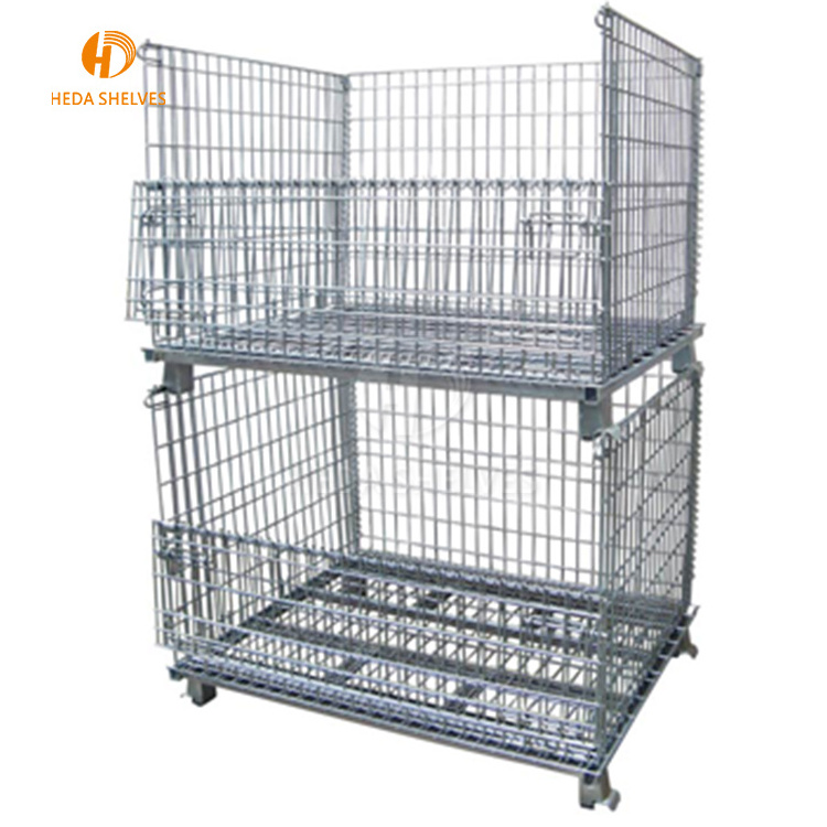 Industrial material handling stackable welded steel transport metal wire mesh pallet cage with forklift