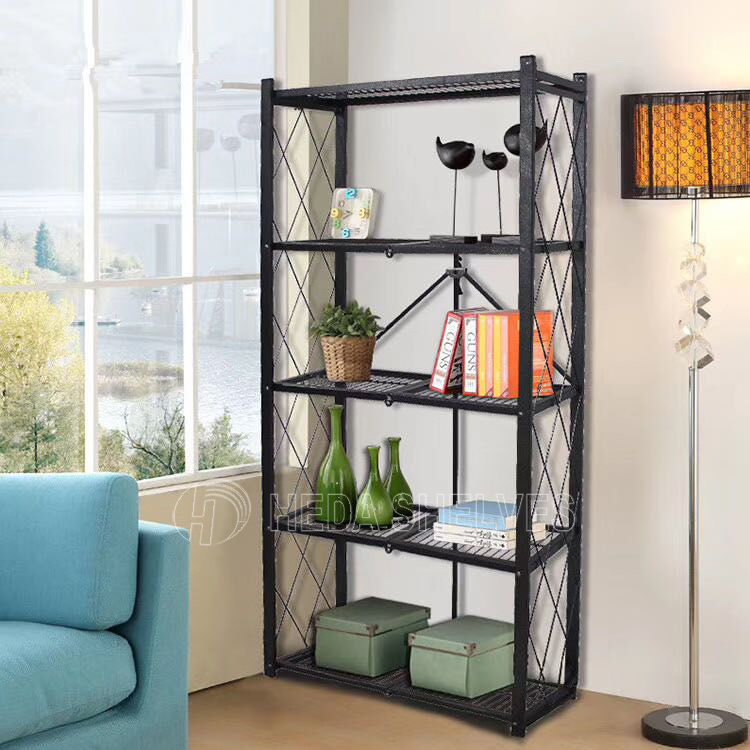 5-tier mobile iron foldable kitchen standing shelving unit shelves metal storage folding pantry rack with wheels