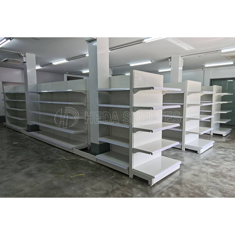 Supermarket Light Duty Style and Metallic Material Shop Fitting Double Side Gondola Metal Supermarket Shelf