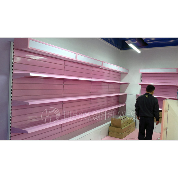 Multifunctional Pink Supermarket Shelf Makeup Gondola Shelves Used To Market Luxury Trpe Double Surfaces Back Plate