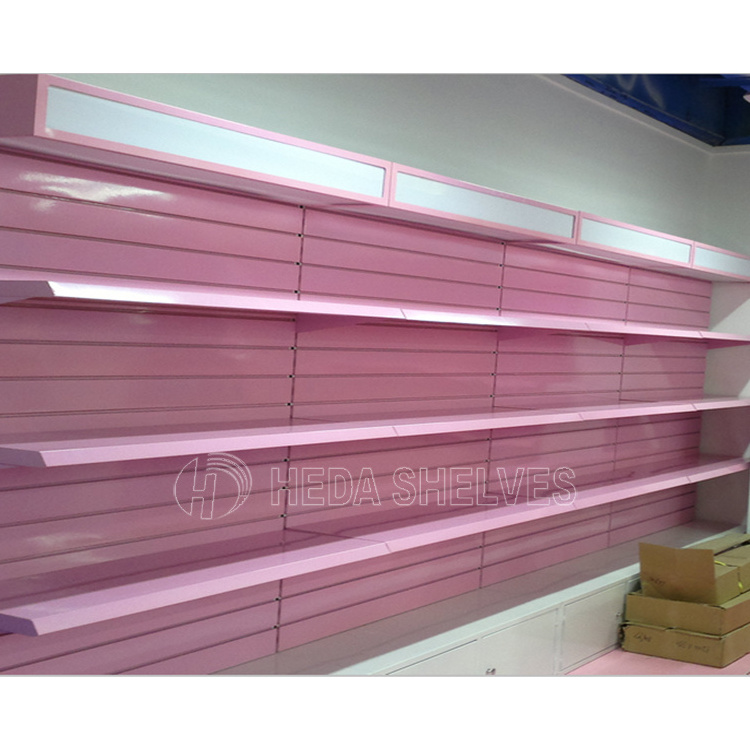 Multifunctional Pink Supermarket Shelf Makeup Gondola Shelves Used To Market Luxury Trpe Double Surfaces Back Plate