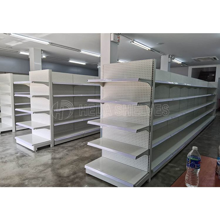 Supermarket Light Duty Style and Metallic Material Shop Fitting Double Side Gondola Metal Supermarket Shelf