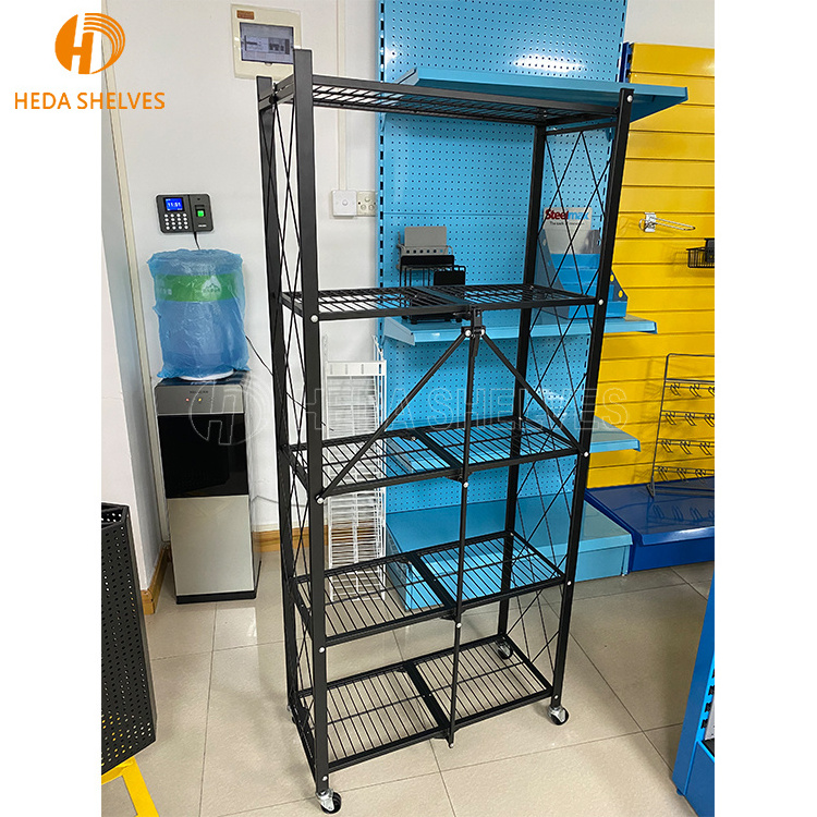 5-tier Mobile Iron Foldable Kitchen Standing Shelving Unit Shelves Metal Storage Folding Pantry Rack With Wheels