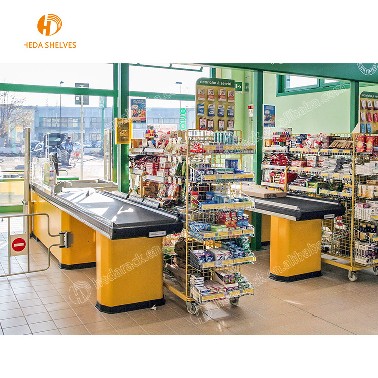 Supermarket design retail cash register table checkout counter cashier desk with conveyor belt for sale