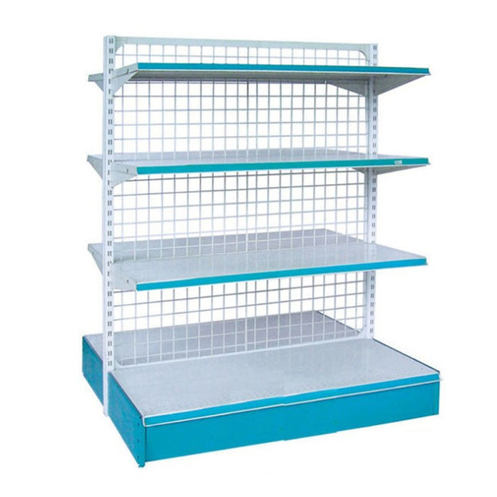 Metal supermarket display gondola store shelf with wire mesh used for market