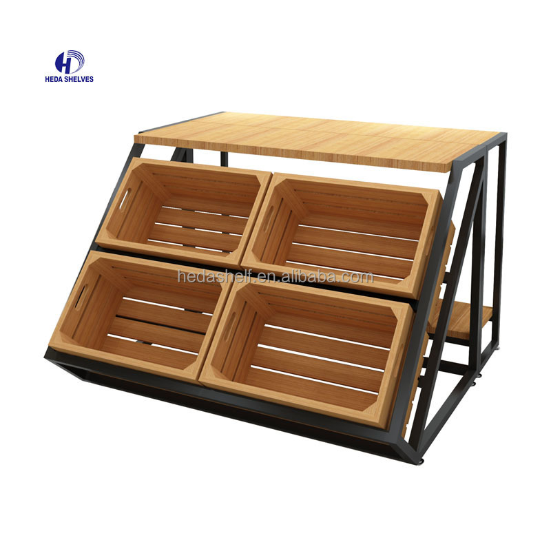 Modern Factory Price Save Space Shopping Market Wood Fruit Vegetable Storage Display Rack Stand