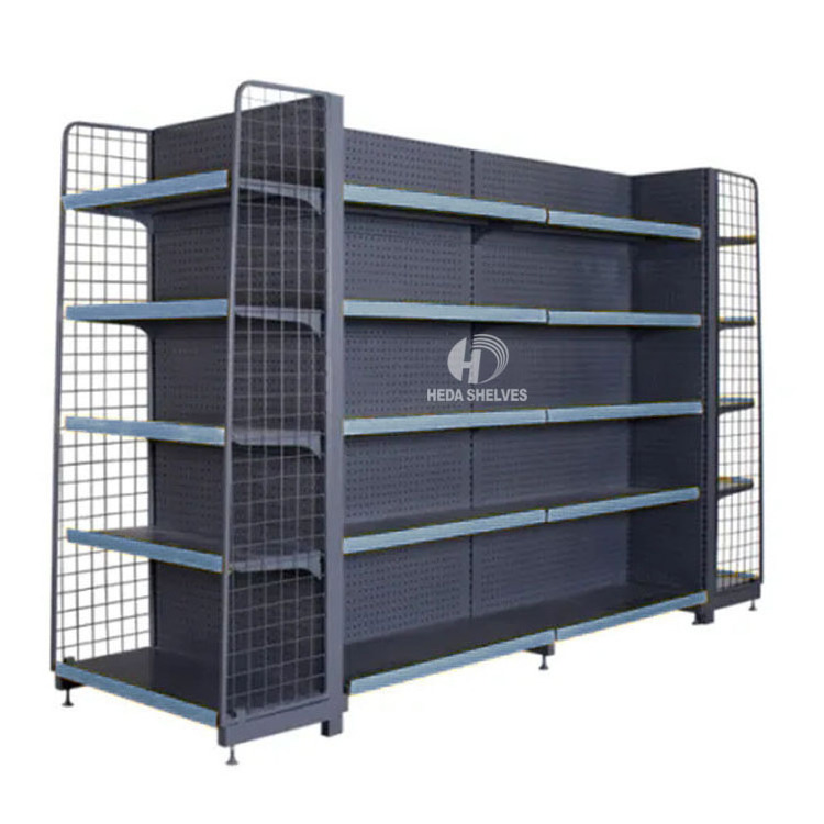 Metal supermarket display gondola store shelf with wire mesh used for market