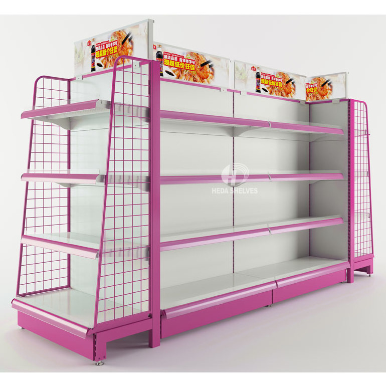 Metal supermarket display gondola store shelf with wire mesh used for market