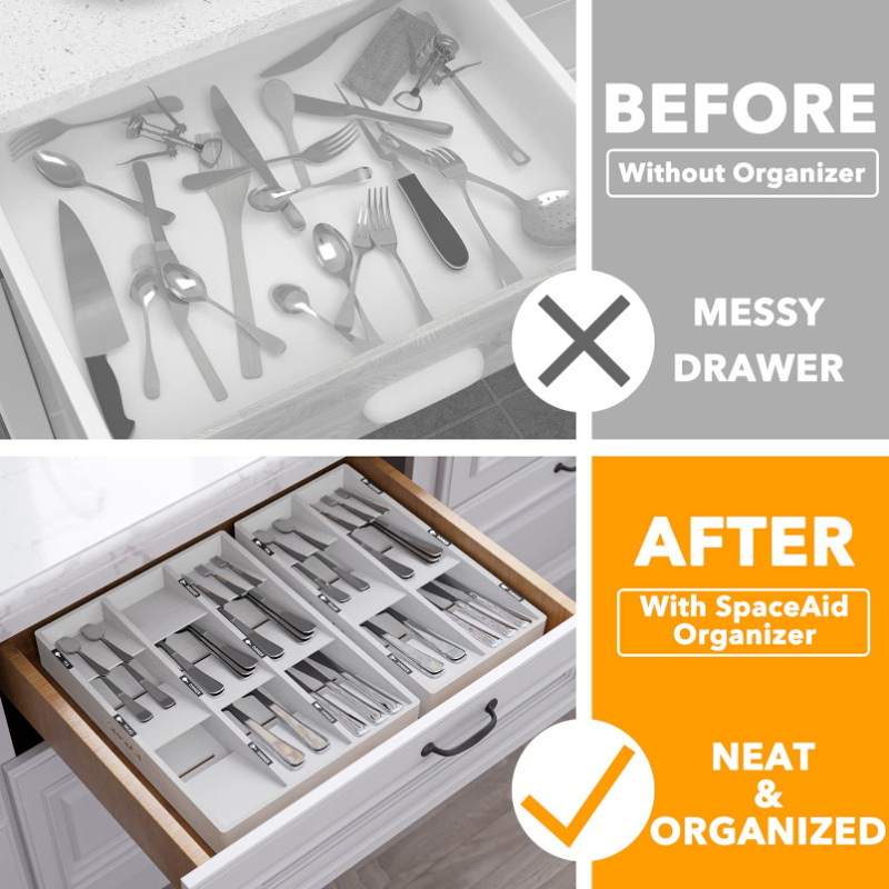 High Quality Kitchen Eco-Friendly White Bamboo Wood 6 Grooves Utensil Silverware Cutlery Drawer Storage Organizer